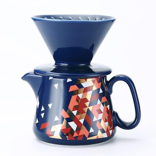 Polydremio Pour Over Kaffeemaschine, Keramik-Kaffeetropfer mit 100 Stück Größe 02 Papierfilter, Keramik-Kaffeeservice mit Deckel, 450 ml, geeignet für 1-2 Personen (Blau) von Polydremio