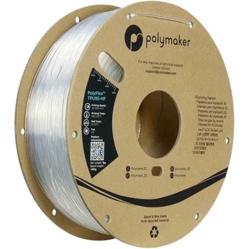 Polymaker High Flow TPU-Filament 1,75 klar, Shore 95A flexibles Filament 1,75 mm, 1 kg Kartonspule – PolyFlex TPU95-HF TPU-Filament 1,75 mm weiches Filament, flexibel von Polymaker