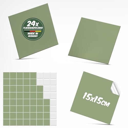 Polymedia Fliesenaufkleber 15x15-24 Stück Matcha Grün Selbstklebende Fliesenfolie Made in Germany, Wasserfest & Abwaschbar, Perfekt für Küche & Bad, Einfache DIY-Installation von Polymedia