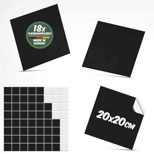 Polymedia Fliesenaufkleber 20x20-18 Stück Schwarz Matt Selbstklebende Fliesenfolie Made in Germany, Wasserfest & Abwaschbar, Perfekt für Küche & Bad, Einfache DIY-Installation von Polymedia
