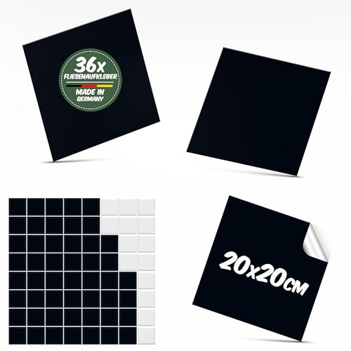 Polymedia Fliesenaufkleber 20x20-36 Stück Tief Schwarz Selbstklebende Fliesenfolie Made in Germany, Wasserfest & Abwaschbar, Perfekt für Küche & Bad, Einfache DIY-Installation von Polymedia