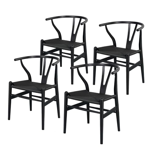 Polynices Set mit 4 Wishbone-Esszimmerstühlen, Massivholz-Sessel, Y-förmige Rückenlehne, Rattan-Stühle, Hanfsitz (Eschenholz-Schwarz) von Polynices