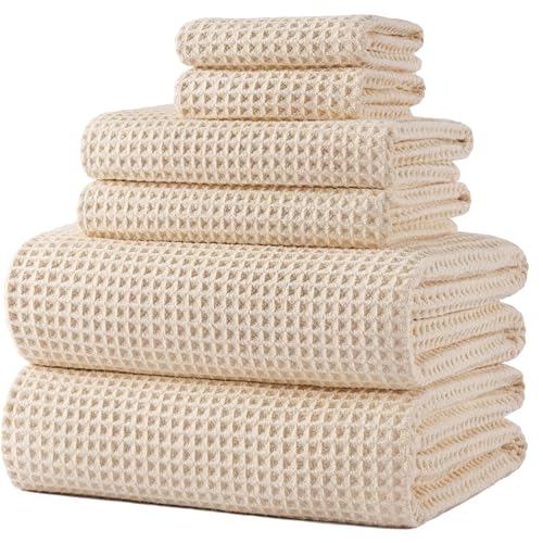 Polyte - Handtuch-Set - schnelltrocknende & fusselfreie Mikrofaser - Waffelstruktur - sehr groß - Hellbeige - 152 x 76,2 cm - 6-teilig von Polyte