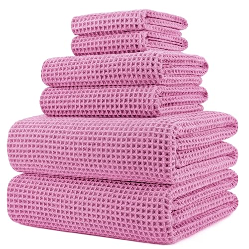 Polyte - Handtuch-Set - schnelltrocknende & fusselfreie Mikrofaser - Waffelstruktur - sehr groß - Rosa - 152 x 76,2 cm - 6-teilig von Polyte