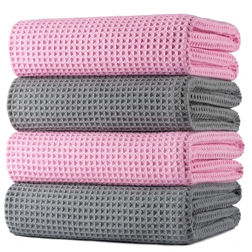 Polyte - Mikrofaser-Badetuch - fusselfrei & schnelltrocknend - Waffelstruktur - sehr groß - Grau,Rosa - 152 x 76 cm - 4 Stück von Polyte