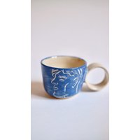 Handgemachte Espresso Tasse Blau Line Art Keramik Becher, Kaffee-Liebhaber Geschenk von Pomelopotteryshop