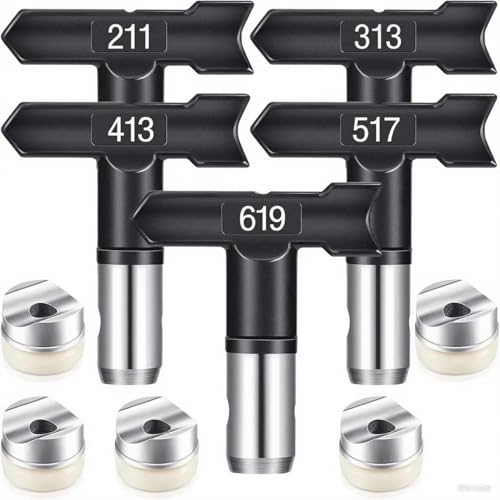 5 Stück Airless Farbdüsen Set Farbsprühsysteme Reversible Sprühmaschine Spitzen Airless Farbsprühdüse Kit Airless Sprayer Sprühmaschine Zubehör für Häuser Gebäude Gartendecks (Typ 211,313,413,517,619) von Pomelotree