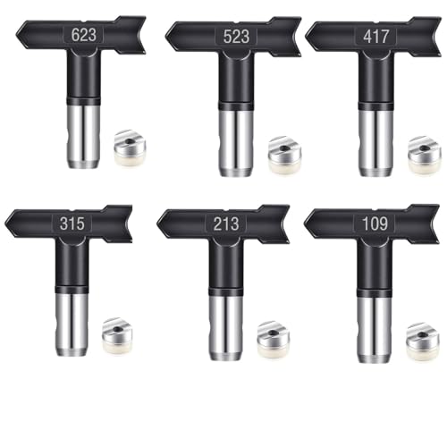 6 Stück Airless Düse mit Spitzendichtung für Airless Farbsprühsysteme Reversible Sprühspitzen Airless Farbsprühgerät Airless Spray Gun Airless Düse Set für Häuser Gebäude (Typ 623,523,417,315,213,109) von Pomelotree
