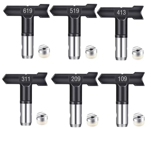 6 Stück Airless Düse mit Spitzendichtung für Airless Farbsprühsysteme Reversible Sprühspitzen Airless Farbsprühgerät Airless Spray Gun Airless Düse Set für Häuser Gebäude (Typ 619,519,413,311,209,109) von Pomelotree