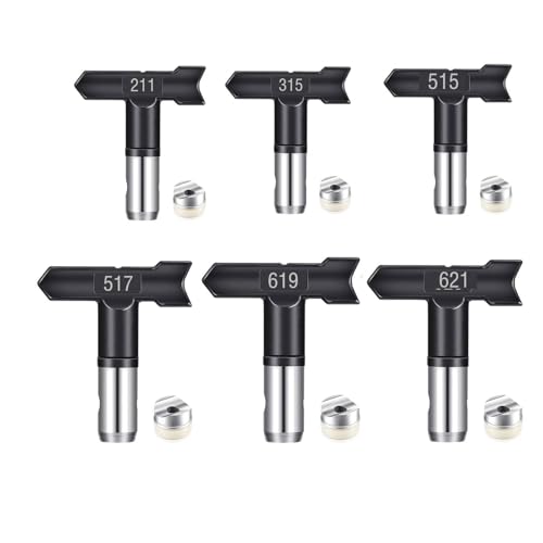 6 Stück Airless Farbdüsen Set Farbsprühsysteme Reversible Sprühmaschine Spitzen Airless Farbsprühdüse Kit Airless Sprayer Sprühmaschine Zubehör für Häuser Gebäude Gartendecks (211,315,515,517,619,621) von Pomelotree