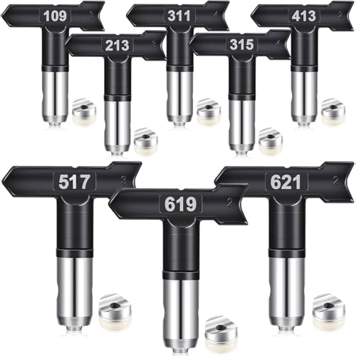 8 Stück Airless Farbdüsen Set Farbsprühsysteme Reversible Sprühmaschine Spitzen Airless Farbsprühdüse Kit Airless Sprayer Sprühmaschine Zubehör für Häuser Gartendecks (109,213,311,315,413,517,619,621) von Pomelotree