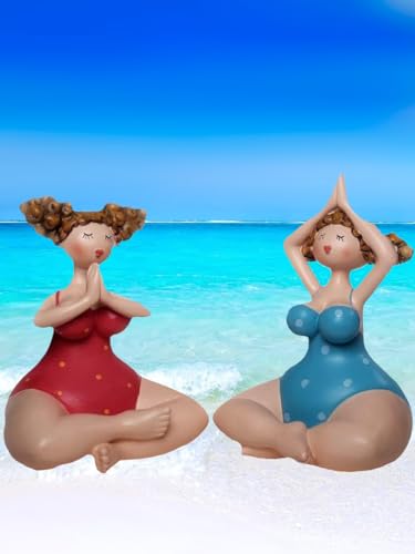 Pommerntraum ®| 2-er Set DEKOFIGUREN Badenixen beim Yoga Yogafiguren Ladies Nanas mollige YogaDamen Yoga Figuren Rubensfiguren (rot + blau M) von Pommerntraum