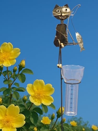 Pommerntraum ® | Regenmesser Niederschlagsmesser Pluviometer Gartendeko Gartenstecker Gartenfigur Katze Kater angelt Fisch von Pommerntraum
