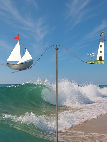 POMMERNTRAUM ® | maritimes Windspiel Nautic Gartenpendel Gartenstecker Gartendeko Segelschiff Segelboot + Leuchtturm + Möwen von Pommerntraum