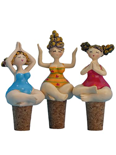 Pommerntraum | 3-ER SET - Flaschenverschluss Flaschenkorken Korken Weinverschluss Yoga Ladies Nanas Yoga-Figuren Badenixen von Pommerntraum