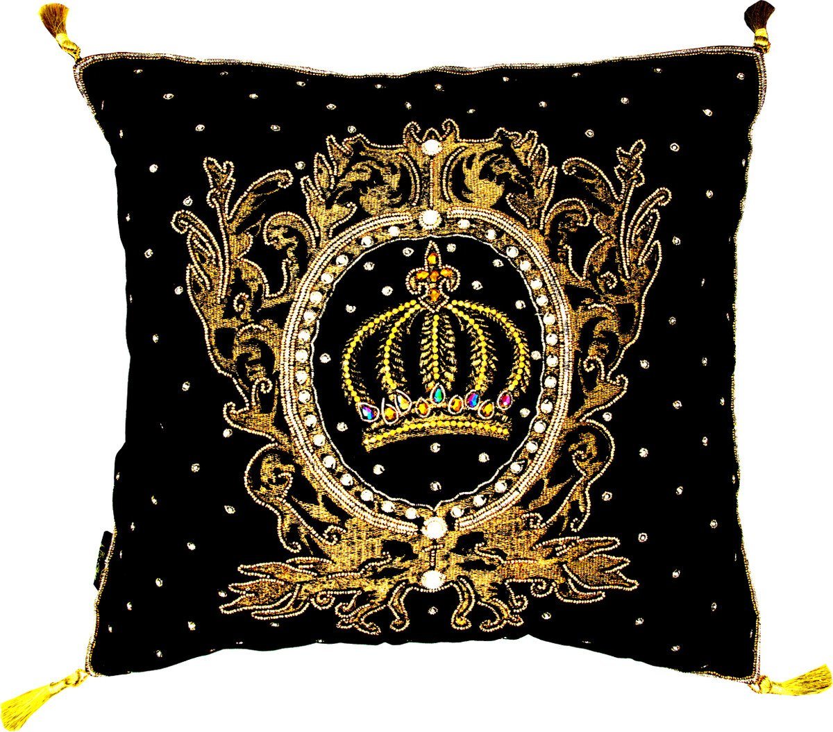 Pompöös by Casa Padrino Dekokissen Harald Glööckler Luxus Barock Deko Kissen Pompöös by Crown & Stars Schwarz / Gold aufwendig verziert mit Pailletten und Glitzersteinen von Pompöös by Casa Padrino