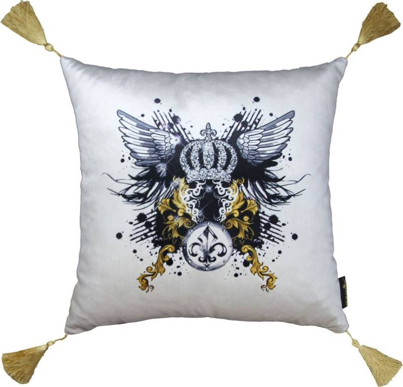 Pompöös by Casa Padrino Dekokissen Harald Glööckler Luxus Deko Barock Kissen mit Engelsflügeln Pompöös by Creme / Schwarz Krone Deluxe mit Strass Steinen und Troddeln - Glööckler Kissen von Pompöös by Casa Padrino