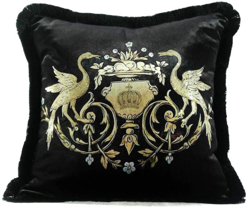 Pompöös by Casa Padrino Dekokissen Harald Glööckler Luxus Deko Kissen Pompöös by Krone & Schwäne mit Strass Steinen Schwarz / Gold - Feinster Samtstoff - Glööckler Kissen von Pompöös by Casa Padrino