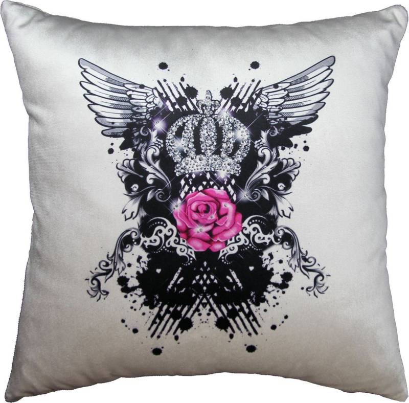 Pompöös by Casa Padrino Dekokissen Harald Glööckler Luxus Deko Kissen Rosa Rose Pompöös by Creme / Schwarz Mod2 Krone mit Strass Steinen - Glööckler Kissen von Pompöös by Casa Padrino