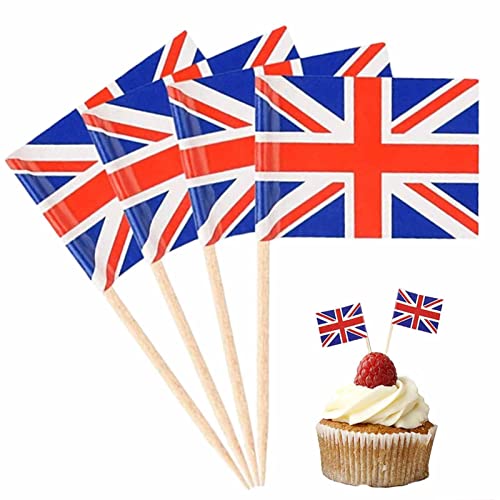 Pomrone 200 Stück Union Jack Flaggen Zahnstocher, Cocktail Stick Flaggen, UK Zahnstocher Flagge Für Zelebrieren König Karl III. Krönung Party Deko Sandwich Cupcake Toppers Cocktail Obst Geschirr Pub von Pomrone