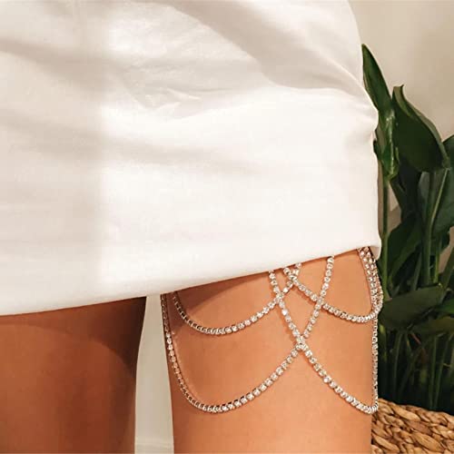 Damen Beinkette Körperkette Schmuck - Strass Layered Körperketten Oberschenkel Bein Ketten - Splitter/Gold Kristall Oberschenkelketten, Mit Elastischem Seil, Damen Schmuck Körperschmuck von Pomrone