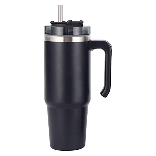 Pomrone Wasser Thermoskanne | 30 Unzen Edelstahl-Isolierflasche mit Strohhalm und Griff | Vakuum-Reise-Kaffeetasse mit Griff, doppelwandige Edelstahl-Wasserbecher-Flasche von Pomrone