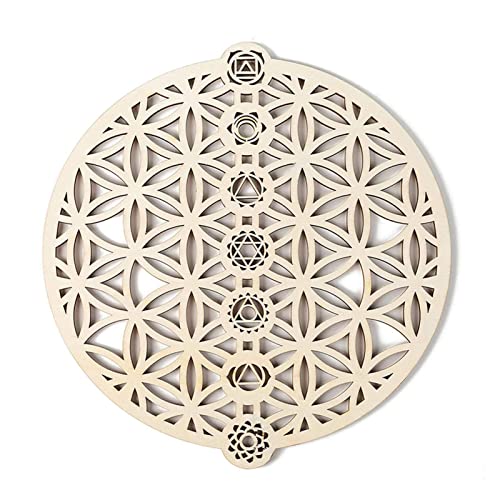 Blume des Lebens 7 Chakra Wanddeko Holz, 28CM Heilige Geometrie aus Holz Wandkunst, Grid Board Holz, Spirituelle Zubehör für Yoga/Meditation, Wandschmuck Dekoration für Haus Schlafzimmer Wohnzimmer von Pomurom