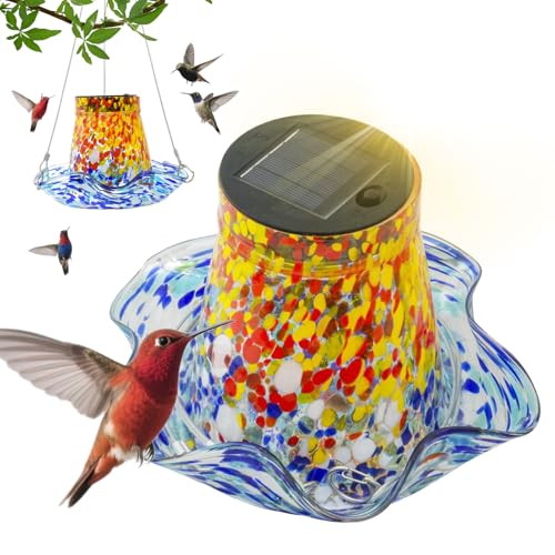 Kolibri-Futterstation | Solarglas Kolibri-Futterspender Mit Solarleuchte - Vogelbad Gartendeko Mit Solardekoration Buntglas-Landschaftsornamente Geburtstagsgeschenk Für Damen Herren von Pomurom
