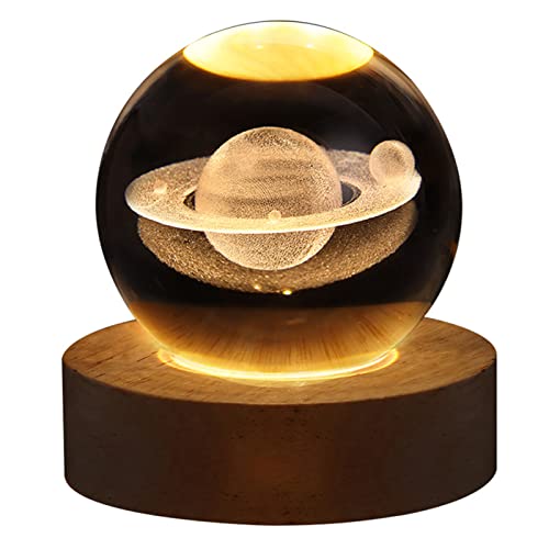 Kristallkugel Nachtlicht, 6cm 3D Saturn Kristallkugel Nachtlampe mit Lampensockel Holz, Leuchtende Kristallkugel Lampe Stimmungslichter LED Schlafzimmer Heimdekoration Geschenk für Kinder Erwachsene von Pomurom