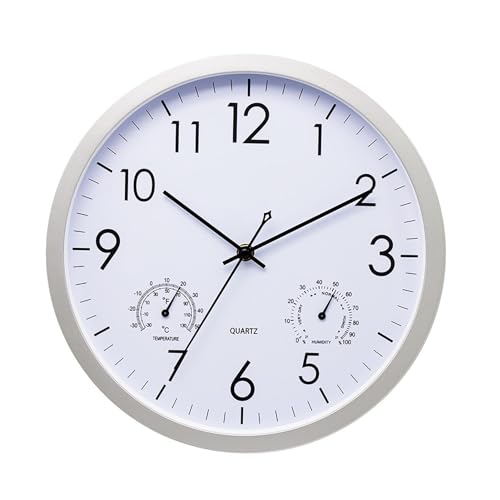 Wanduhr mit Thermometer und Feuchtigkeitsmesser, Ø 30cm, Moderne Ohne Tickgeräusche Lautlos Uhr für Küche Wohnzimmer Badezimmer Schlafzimmer, Wanduhr Außen Wetterfest Wasserdicht, Einfach zu Lesen von Pomurom