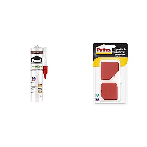 Bundle aus Ponal Parkett & Laminat Fugenfüller Nussbaum, 1x280ml Kartusche + Pattex Fugenglätter Set, 9 Fugenspachtel zum professionellen Glätten, 1 Set inkl. Aufbewahrungsbox von Ponal