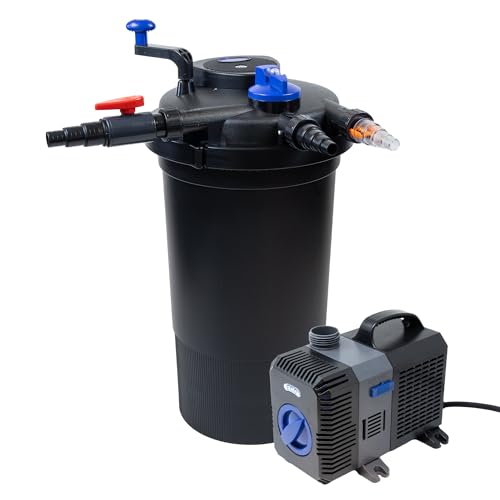 Pondlife Teich Filteranlage Set 4, Druckfilter CPF-15000 mit UVC Klärer für Teiche bis 30.000 Liter, 10.000L/h Durchfluss, energieeffiziente Pumpe CTP-5800 inkl. 10m Schlauch von Pondlife