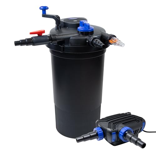 Pondlife Teich Filteranlage Set 11, Druckfilter CPF-15000 mit UVC Klärer für Teiche bis 30.000 Liter, 10.000L/h Durchfluss, energiesparende Pumpe CTF-B 10000 inkl. 10m Schlauch von Pondlife