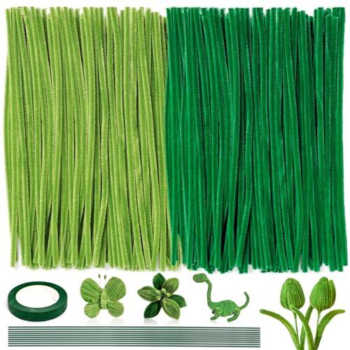 200 Stück Pfeifenreiniger, 2 Verschiedene Grün Pfeifenputzer zum Basteln Chenilledrah Pfeifenreiniger Pipe Cleaner mit Band und Blumenstäbe für DIY Handwerksprojekte Dekorationen (Grün) von Ponsey