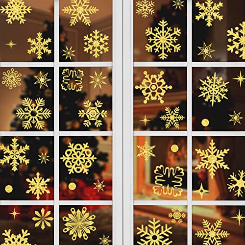 Fenstersticker Weihnachten, 93 Stück Schneeflocke Fensterbilder Weihnachten Selbstklebend Weihnachtsdeko Wiederverwendbare Winter Deko Fensteraufkleber für Fenster Display Dekoration (9 Bögen, Golden) von Ponsey