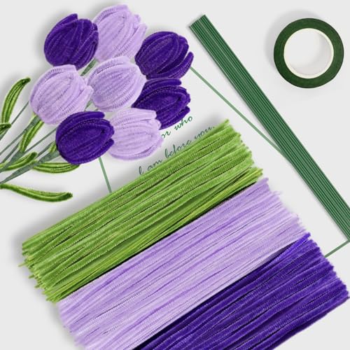 PONSEY Tulpe Blumen Pfeifenreiniger,300Stück Pfeifenputzer zum Basteln Chenilledrah Pfeifenreiniger Pipe Cleaner mit Band und Blumenstäbe für DIY Tulpe Blumenstrauß Handwerksprojekte von Ponsey
