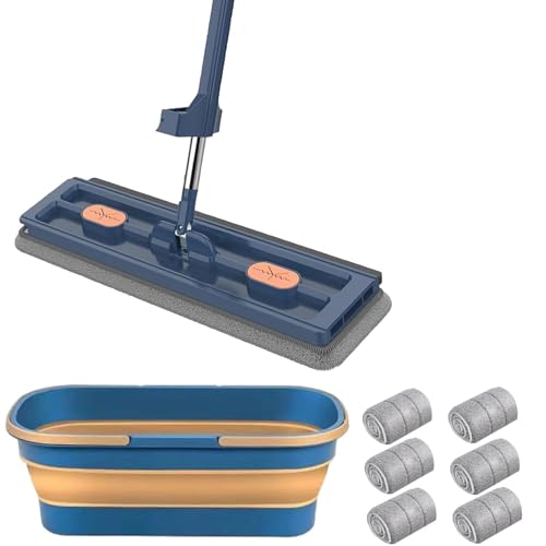 Großer Flachmopp mit 360-Grad-Drehung 6 Mikrofaser-Pads für effiziente Bodenreinigung auf allen Oberflächen (Blue, One Size) von Poo4kark