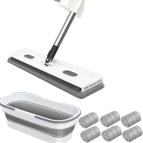 Großer Flachmopp mit 360-Grad-Drehung 6 Mikrofaser-Pads für effiziente Bodenreinigung auf allen Oberflächen (White, One Size) von Poo4kark