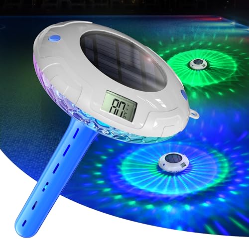 Solar Digital Pool Licht mit Dual LCD Bildschirmen, Leicht ablesbares Schwimmendes Poolthermometer mit 6 dynamischen Lichteffekten, IPX7 Wasserdicht Digital Thermometer (Marineblau) von PoolPrime