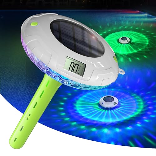 Solar Digital Pool Licht mit Dual LCD Bildschirmen, Leicht ablesbares Schwimmendes Poolthermometer mit 6 dynamischen Lichteffekten, IPX7 Wasserdicht Digital Thermometer (Marineblau) von PoolPrime