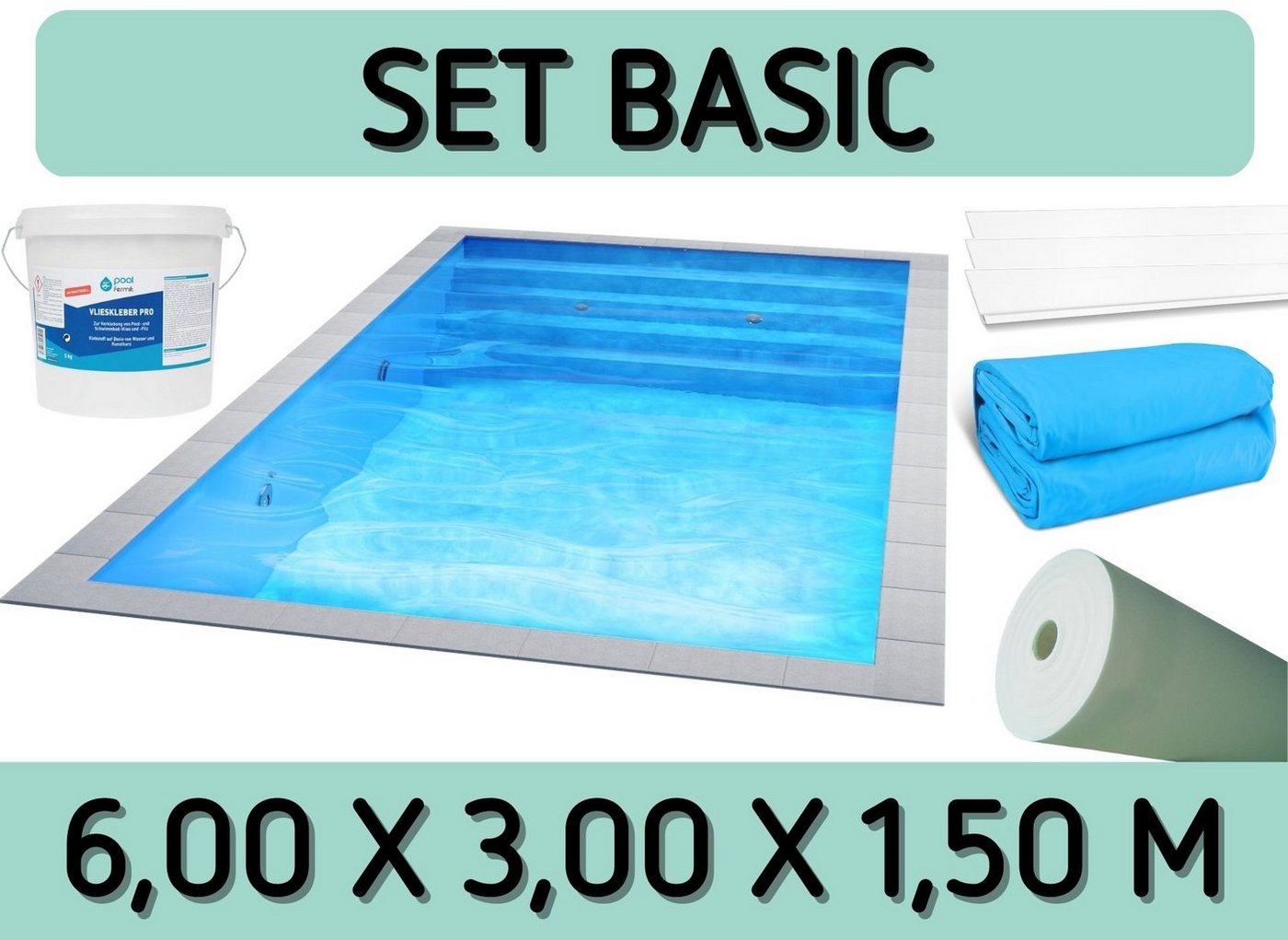 Poolomio Pool Styroporpool Set Basic - 600 x 300 x 150 cm - mit Innenfolie und Zubeh (Styropor Pool Bausatz) von Poolomio