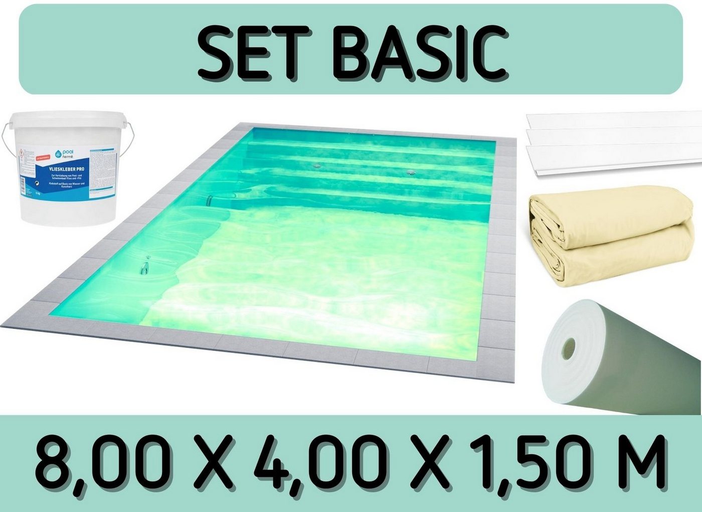 Poolomio Pool Styroporpool Set Basic - 800 x 400 x 150 cm - mit Innenfolie und Zubeh (Styropor Pool Bausatz) von Poolomio