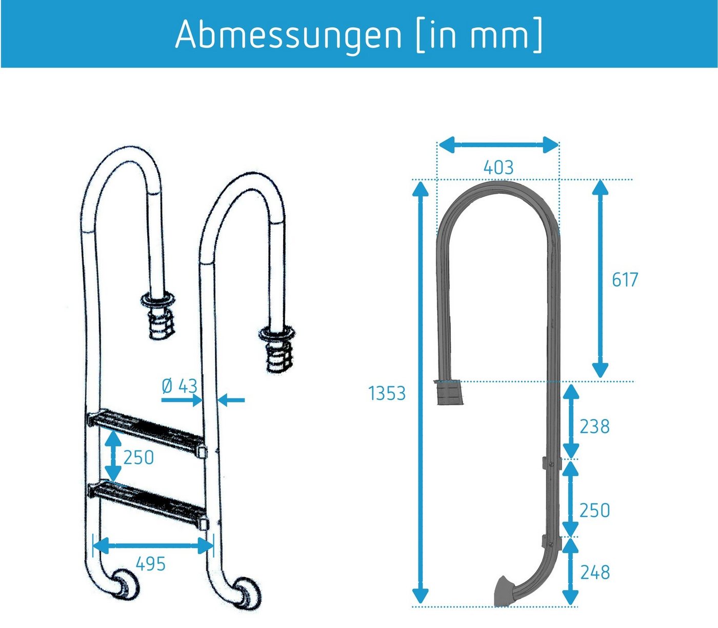 Poolomio Poolleiter Einhänge-Leiter aus Edelstahl, 2 stufig, Slim-Modell von Poolomio