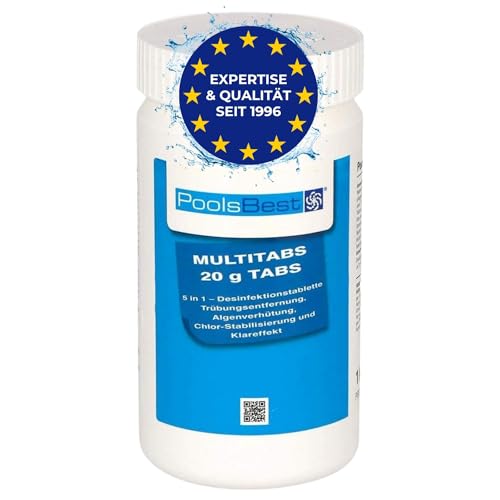 PoolsBest 1kg Chlor Mini Multitabs 5 in 1 I 20g Mini Chlortabletten für Pool/Whirlpool/Aufstellpool & Planschbecken I All in One Poolpflege Tabs I Reinigungstablette für Pools bis 20m³ von PoolsBest