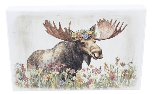 Poor Boy Woodworks Mini-Elchschild mit Blumenkrone – skurriles Waldtier-Dekor mit Wiesenszene – kleines, rustikales Elch-Blockschild mit floralen Akzenten von Poor Boy Woodworks