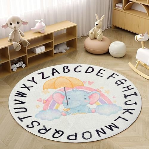 Poowe ABC Teppich für Kinderzimmer, Kreis, Alphabet, Kinderzimmerteppich für Babys, Jungen und Mädchen, rund, neutraler Kleinkind-Spielzimmerteppich, Buchstaben-Lernteppich (rund, 100 cm, von Poowe