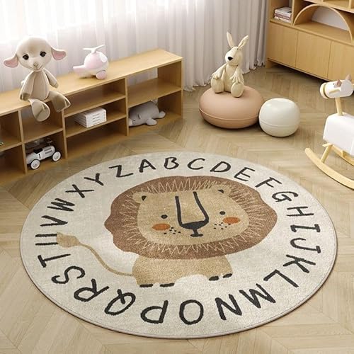 Poowe Niedlicher Löwen-ABC-Spielteppich für Kinderzimmer, rund, pädagogisches Alphabet, weicher Teppich, rutschfest, für Kinder, Kleinkinder, Schlafzimmer (rund, 100 cm, ABC-Löwe) von Poowe