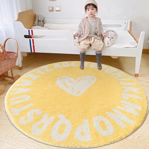 Poowe Runder Kinderteppich, gelbe Herzen, ABC, Alphabet, Kinderzimmer, rutschfeste Matte, Teppich für Wohnzimmer (1 m) von Poowe
