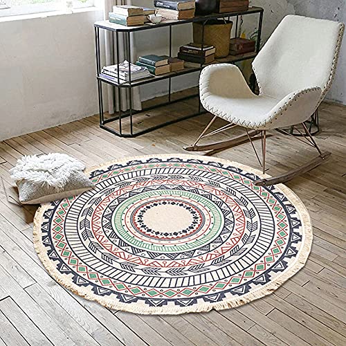 Poowe Teppich, Baumwolle, gewebt, rund, 91,4 cm Durchmesser, Mandala-Druck, Fransen, Überwurf, maschinenwaschbar, für drinnen und draußen, Schlafzimmer, Wohnzimmer, Kinderzimmer, Spielzimmer, Formen von Poowe