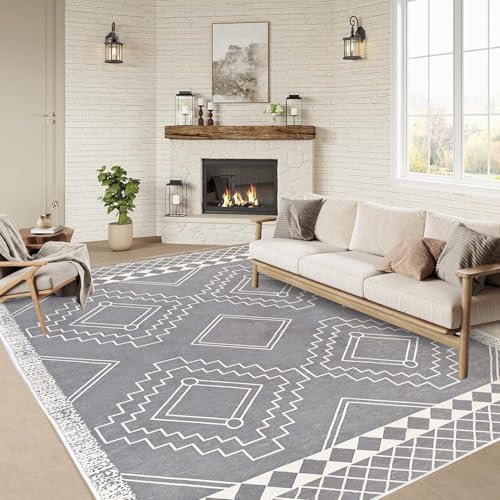 Poowe Teppich für Wohnzimmer, Schlafzimmer, Eingangsbereich, maschinenwaschbar, rutschfest, Niederflor, Druckmuster, Western- und Azteken-Teppich, für Wohnzimmer, Schlafzimmer, Eingangsbereich, Grau Poowe Teppich für Wohnzimmer, Schlafzimmer, Eingangsbereich, maschinenwaschbar, rutschfest, Niederflor, Druckmuster, Western- und Azteken-Teppich, für Wohnzimmer, Schlafzimmer, Eingangsbereich, Grau von Poowe